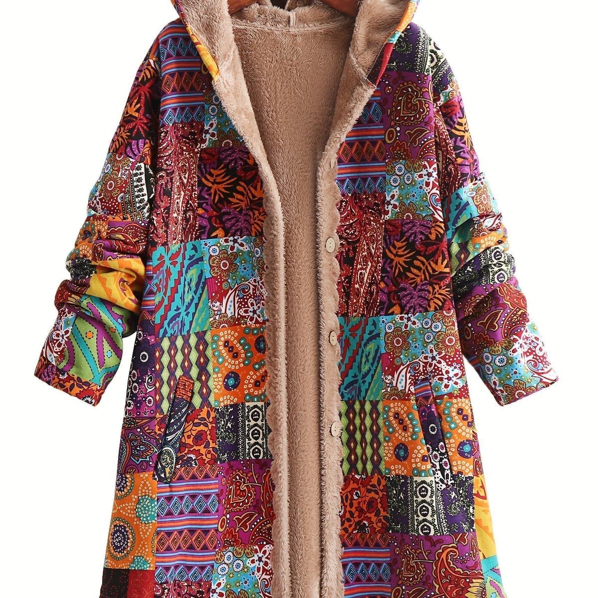 Hooded Ethnic Patchwork Print Fleece-Lined Button Front Longline Coat