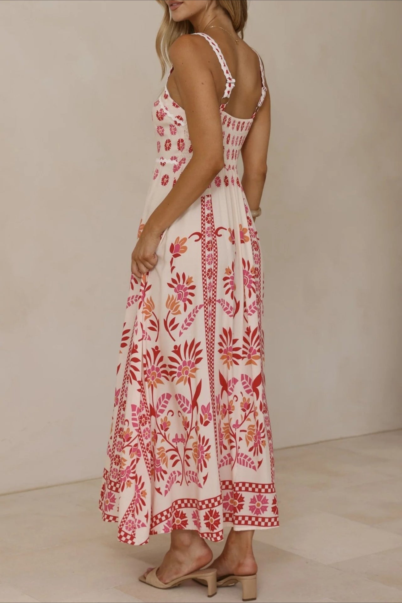 Square Neck Lace Trim Empire Waist Geometric Floral Border Maxi Dress 2