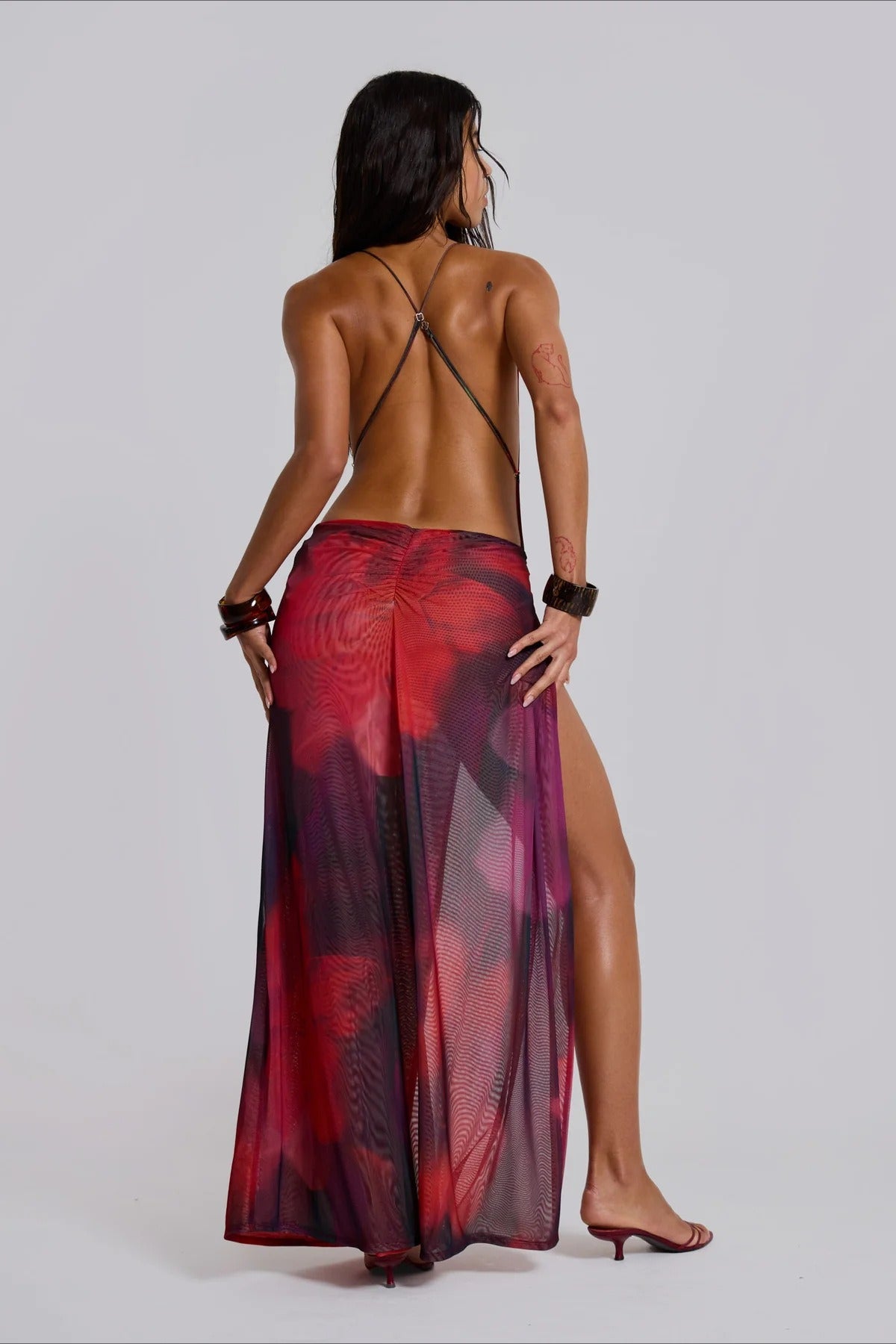 Red Plunging Cowl Neck Abstract Print Mesh Ring Detail High Slit Maxi Dress 2
