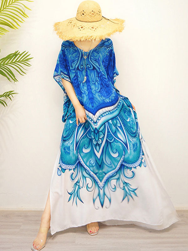 Blue V-Neck Baroque Print Batwing Sleeve Side Slit Kaftan Maxi Dress