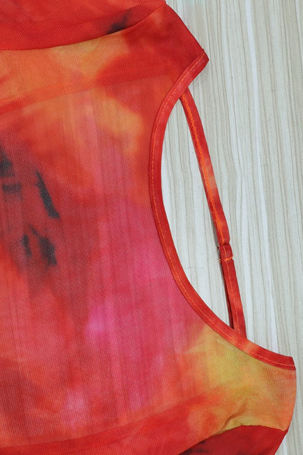 Orange Long Sleeve Open Back Watercolor Abstract Print Mesh Bodycon Maxi Dress 7