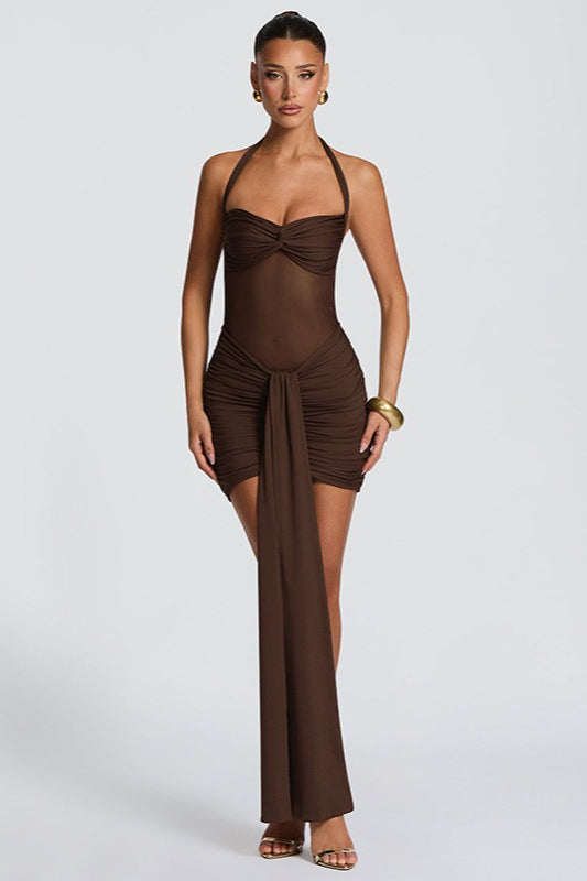 Mesh Halter Twist Knot Mini Party Dress