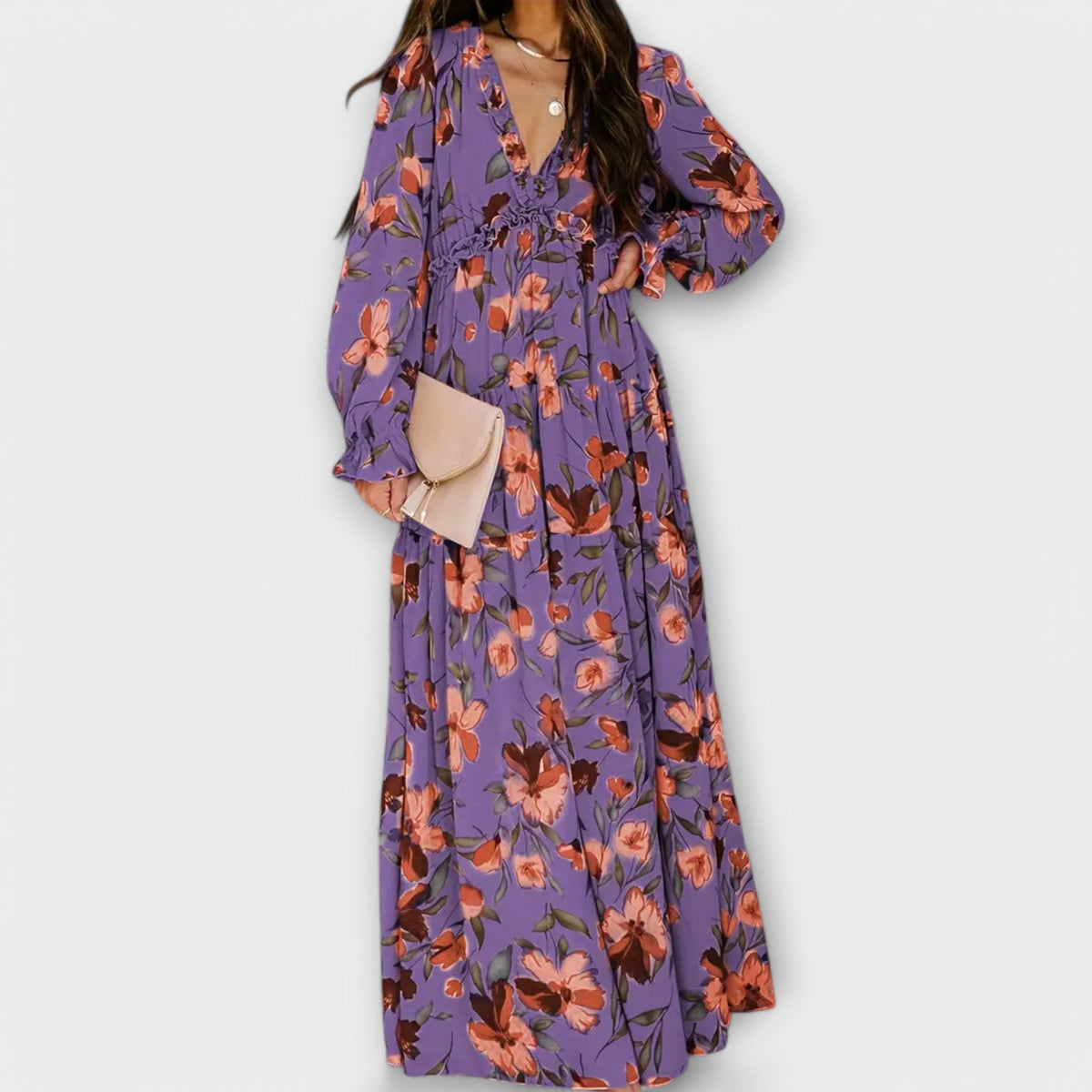 Ruffle Plunge V-Neck Floral Chiffon Long Sleeve Tiered Maxi Dress
