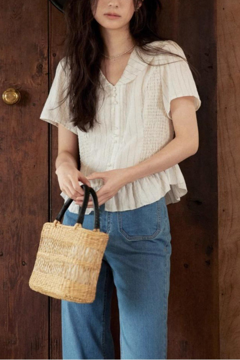Linen Stripe V Neck Tie Waist Blouse