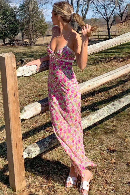 Pink Spaghetti Strap V Neck Lace Trim Empire Waist Ditsy Floral Bodycon Midi Dress 3