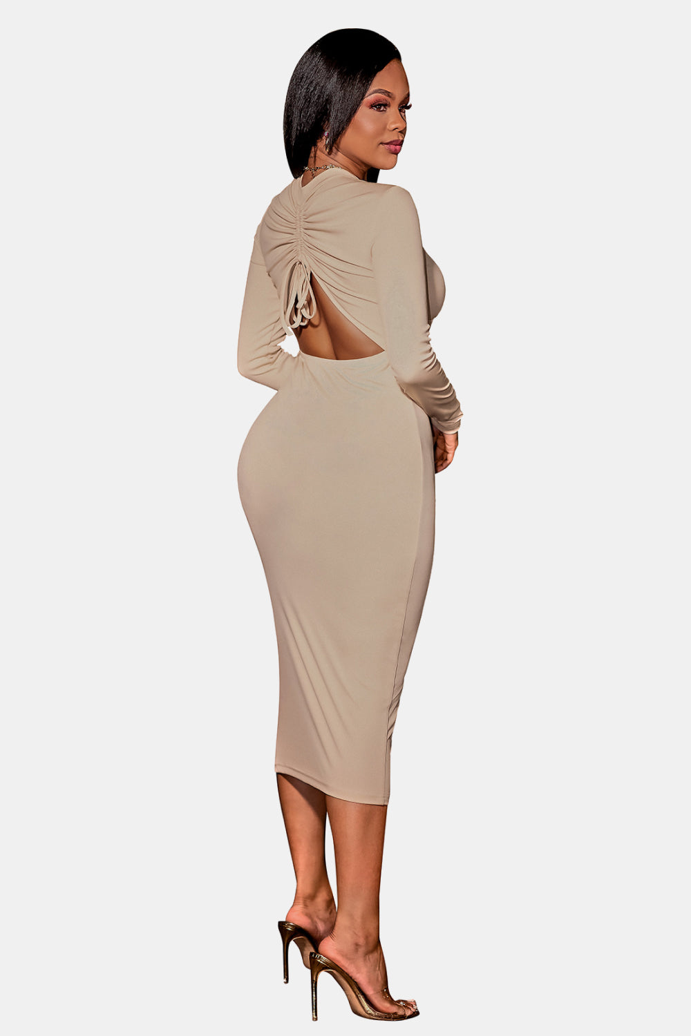 High Neck Zip Front Long Sleeve Cutout Bodycon Midi Dress