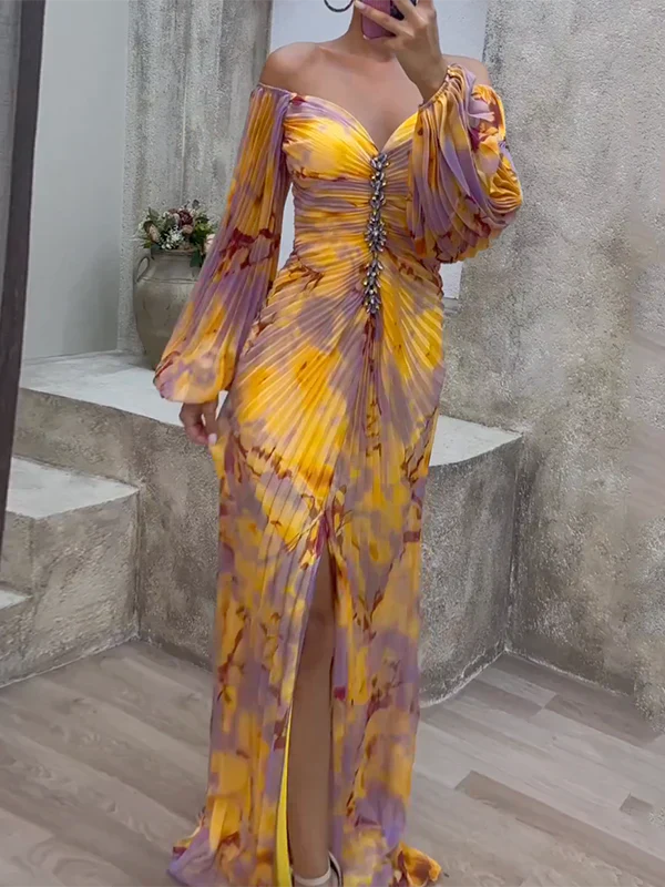 Off-Shoulder Printed Pleated Embellished Lantern Sleeve High Slit Gown