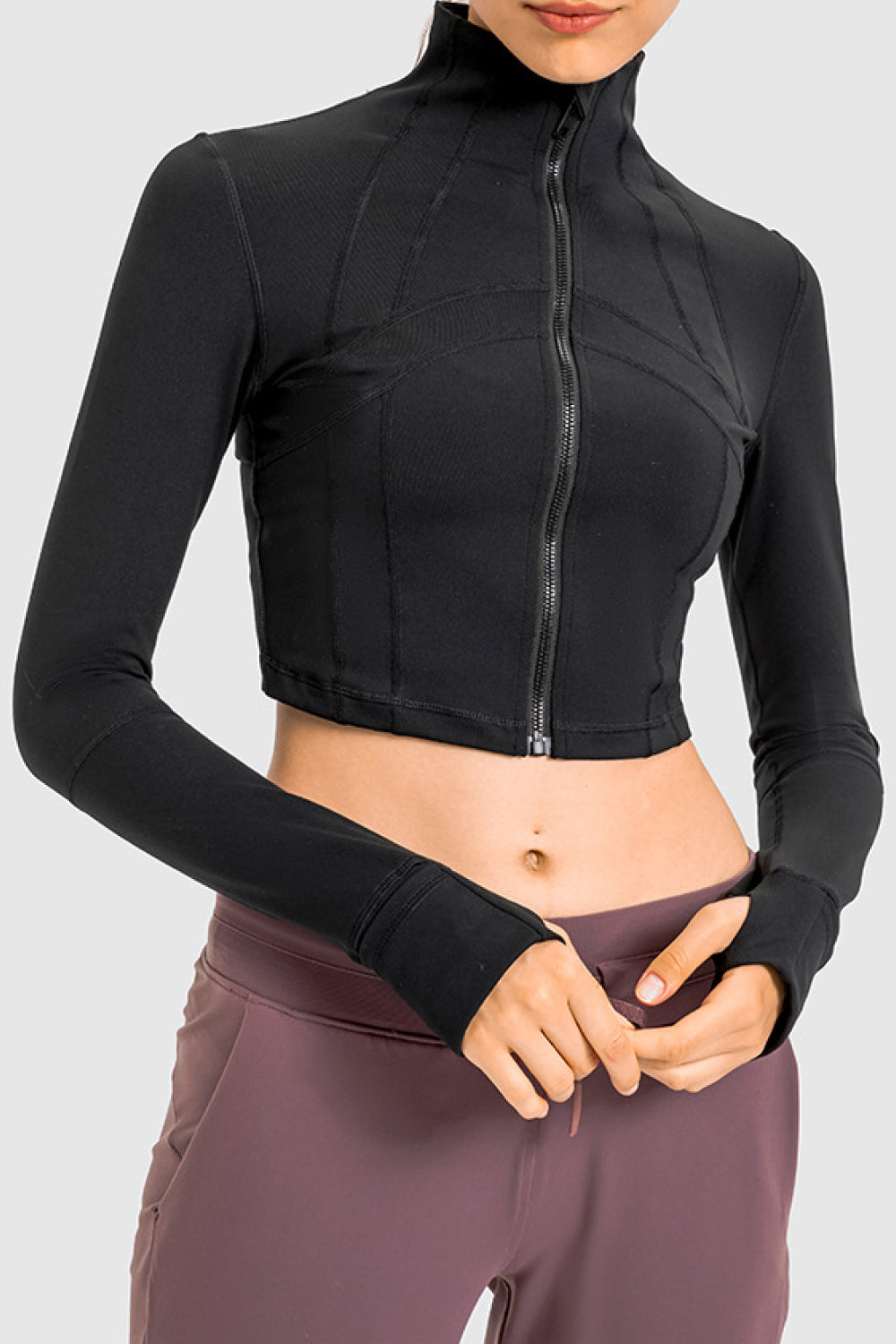Stand Collar Zip Front Seam Detail Cropped Sports Jacket