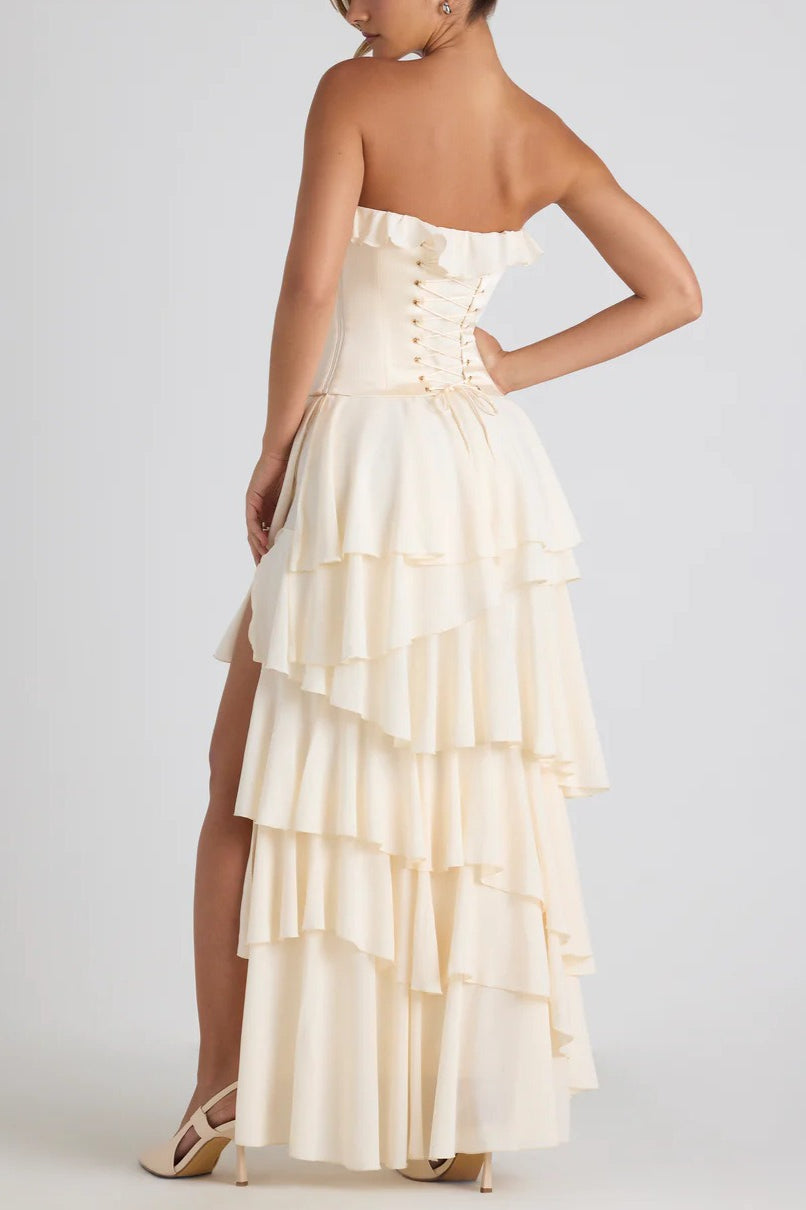 Spliced Ruffled Sling Split Slim Maxi Boho Dress