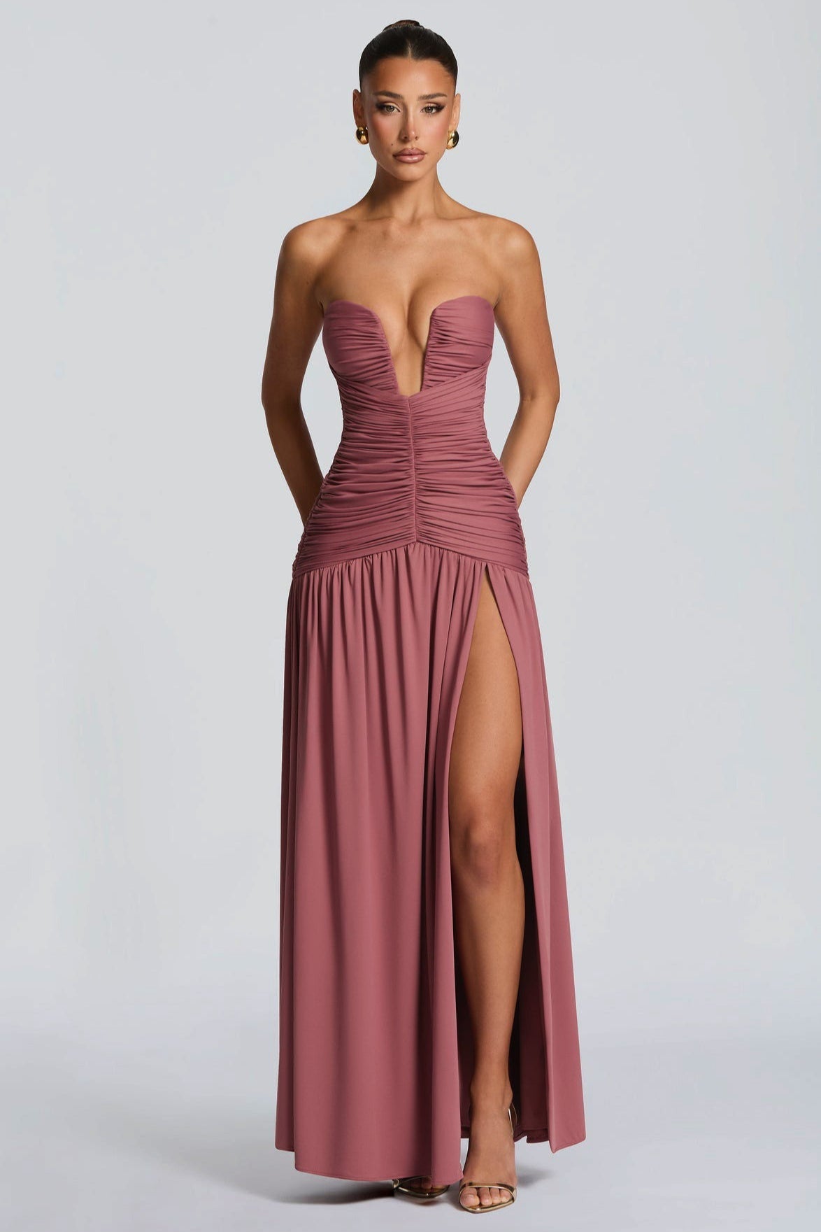 Solid Strapless High Slit Ruched Bodycon Party Dress