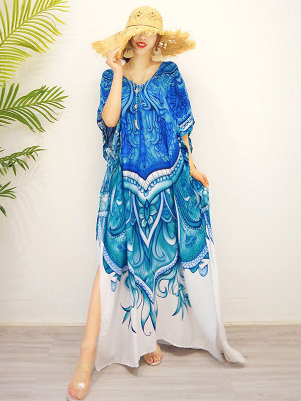 Blue V-Neck Baroque Print Batwing Sleeve Side Slit Kaftan Maxi Dress