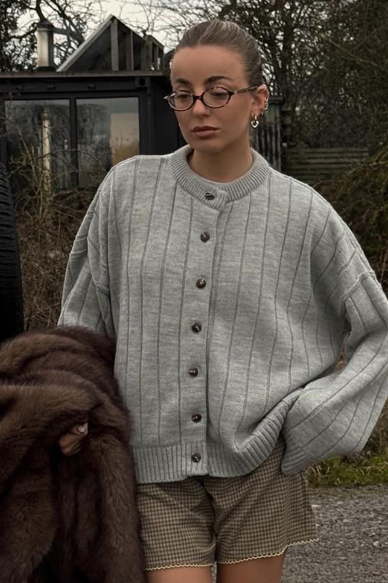 Ribbed Crew Neck Loose Cardigan