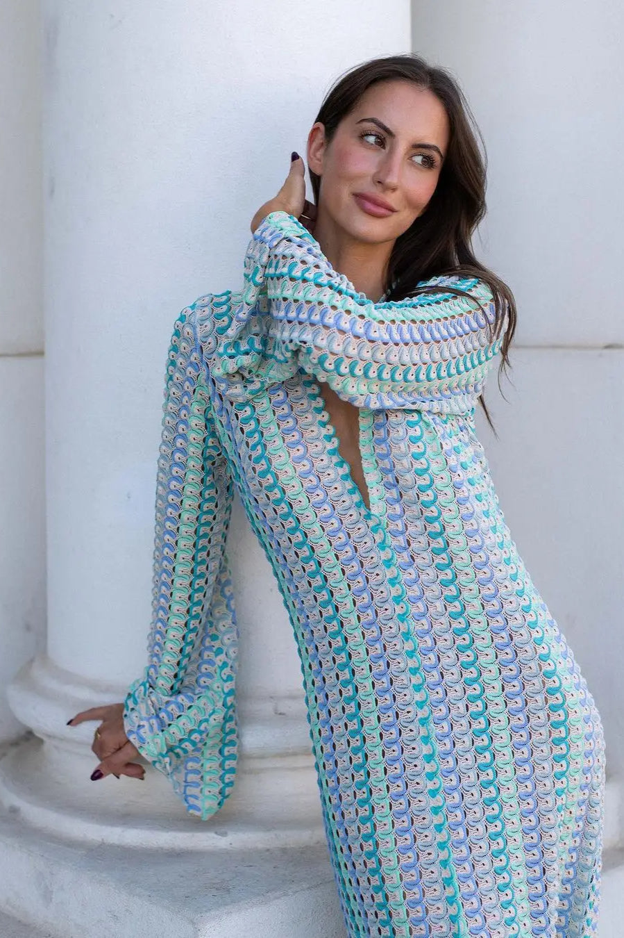 Crochet Colorful Stripe V Neck Flare Sleeve Maxi Dress