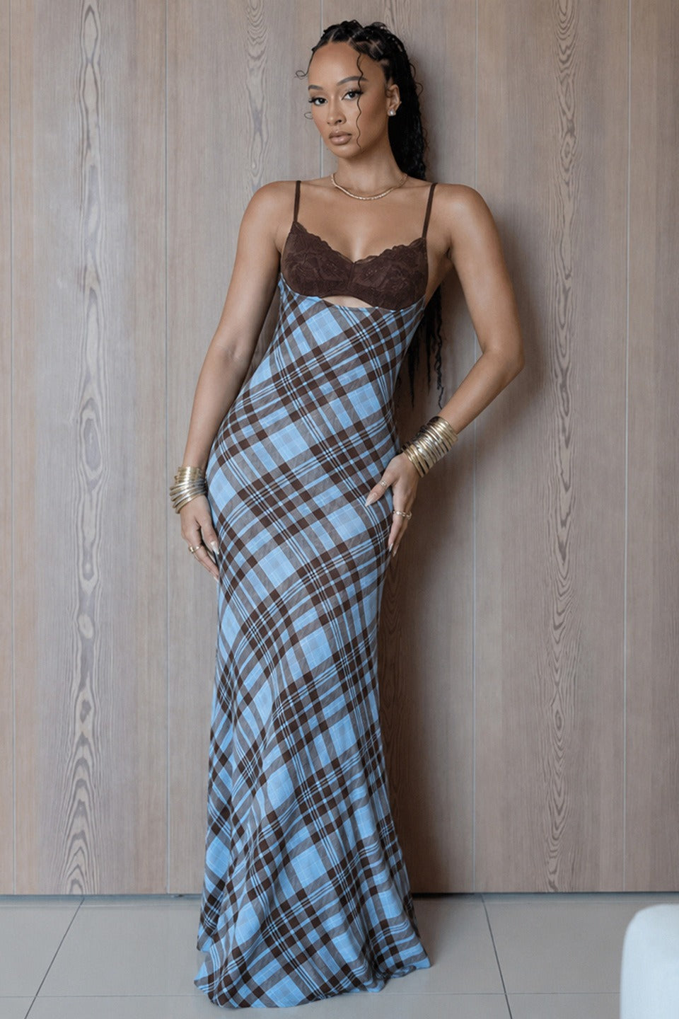 Lace Cup Panel Plaid Contrast A Line Slip Dress