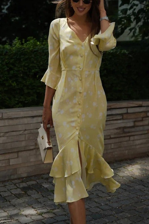 Asymmetric V Neck Flare Sleeve Floral Dress