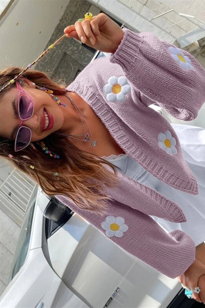 Sweet Floral Pattern Loose Cropped Knit Cardigan