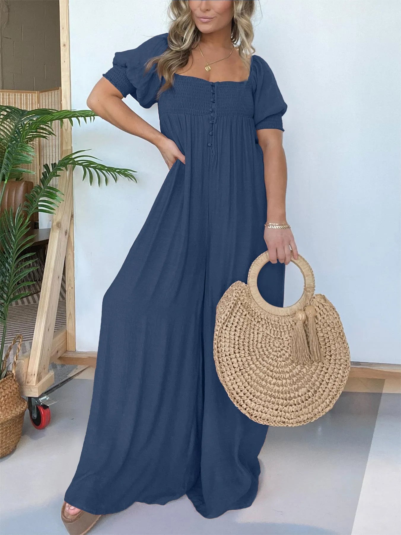 Square Neckline Jumpsuit With Smocked Bodice Button