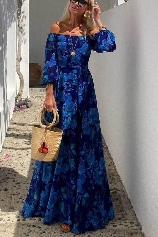 Off-Shoulder Floral Print Lantern Sleeve Tie Waist Flowy Maxi Dress