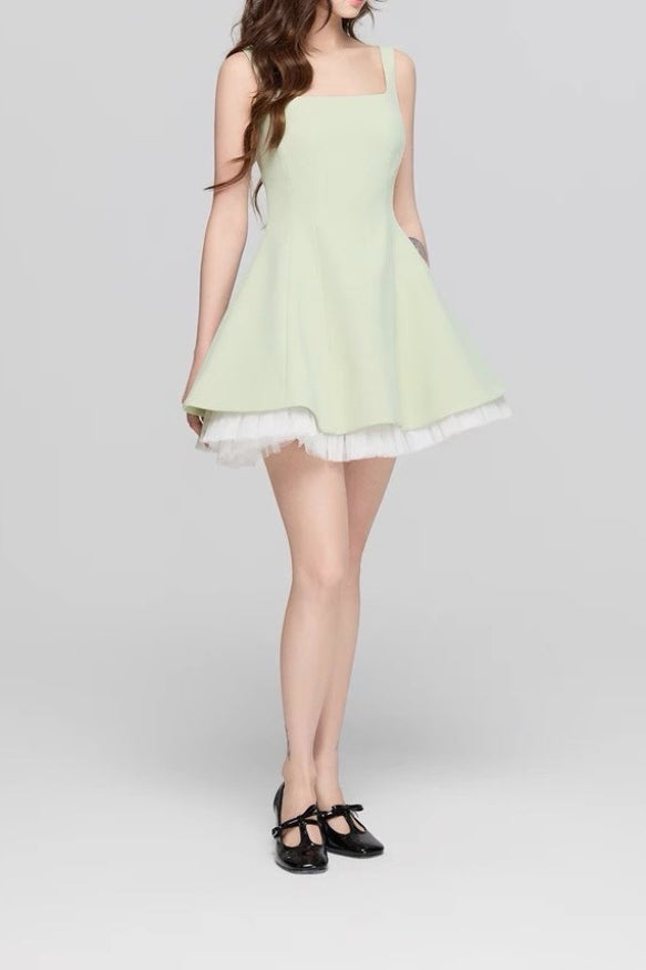 Square Neck Mesh Panel Mini Dress 12