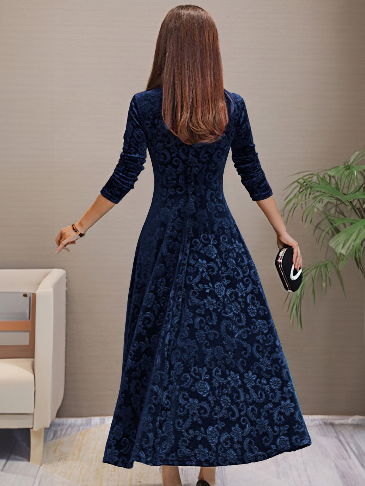 V-Neck Floral Burnout Velvet Long Sleeve A-Line Maxi Dress 13