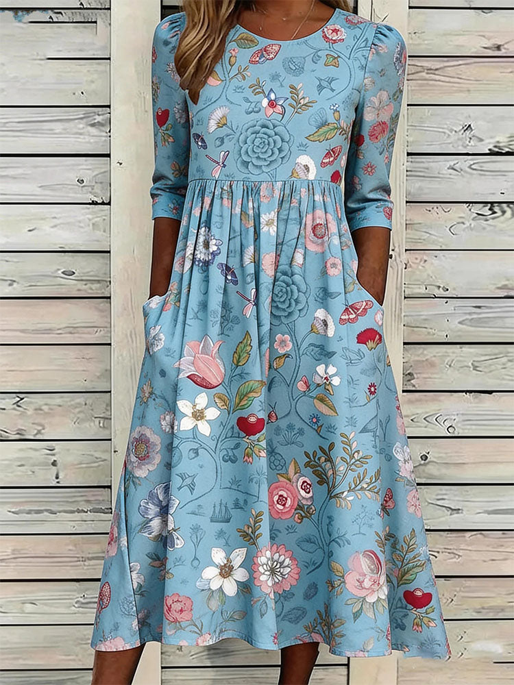 Round Neck Floral Print Three-Quarter Sleeve Pocket A-Line Midi Dress