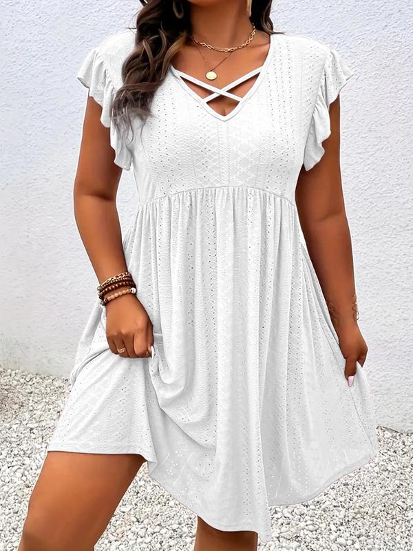 Crisscross V-Neck Flutter Sleeve Eyelet Babydoll Mini Dress