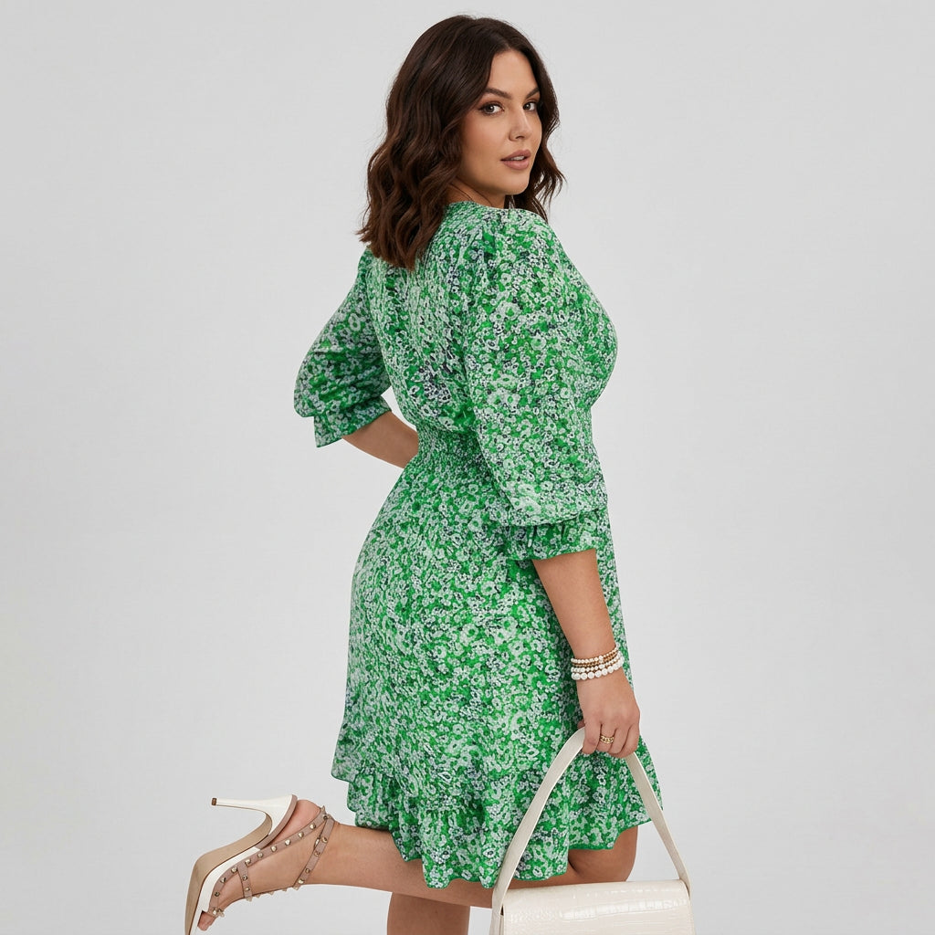 V-Neck Puff Sleeve Ditsy Floral Smocked Waist A-Line Midi Dress