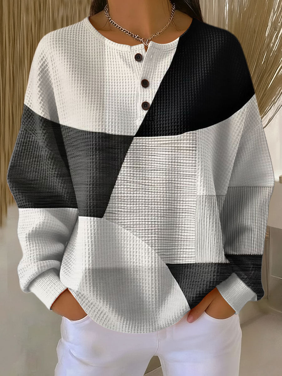 Henley Neck Geometric Colorblock Waffle Knit Sweater