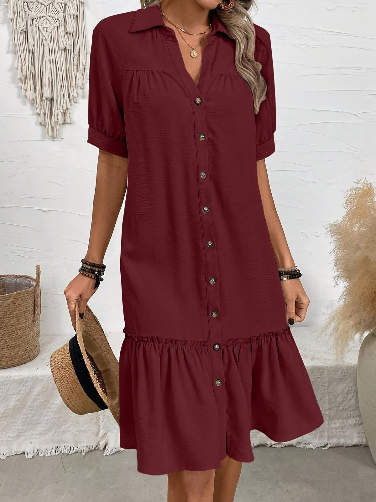 Collared Button Front Short Sleeve Ruffle Hem Shift Mini Dress 6