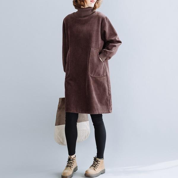 Corduroy Mock Neck Patch Pocket Ribbed Cuff Tunic Dress 3
