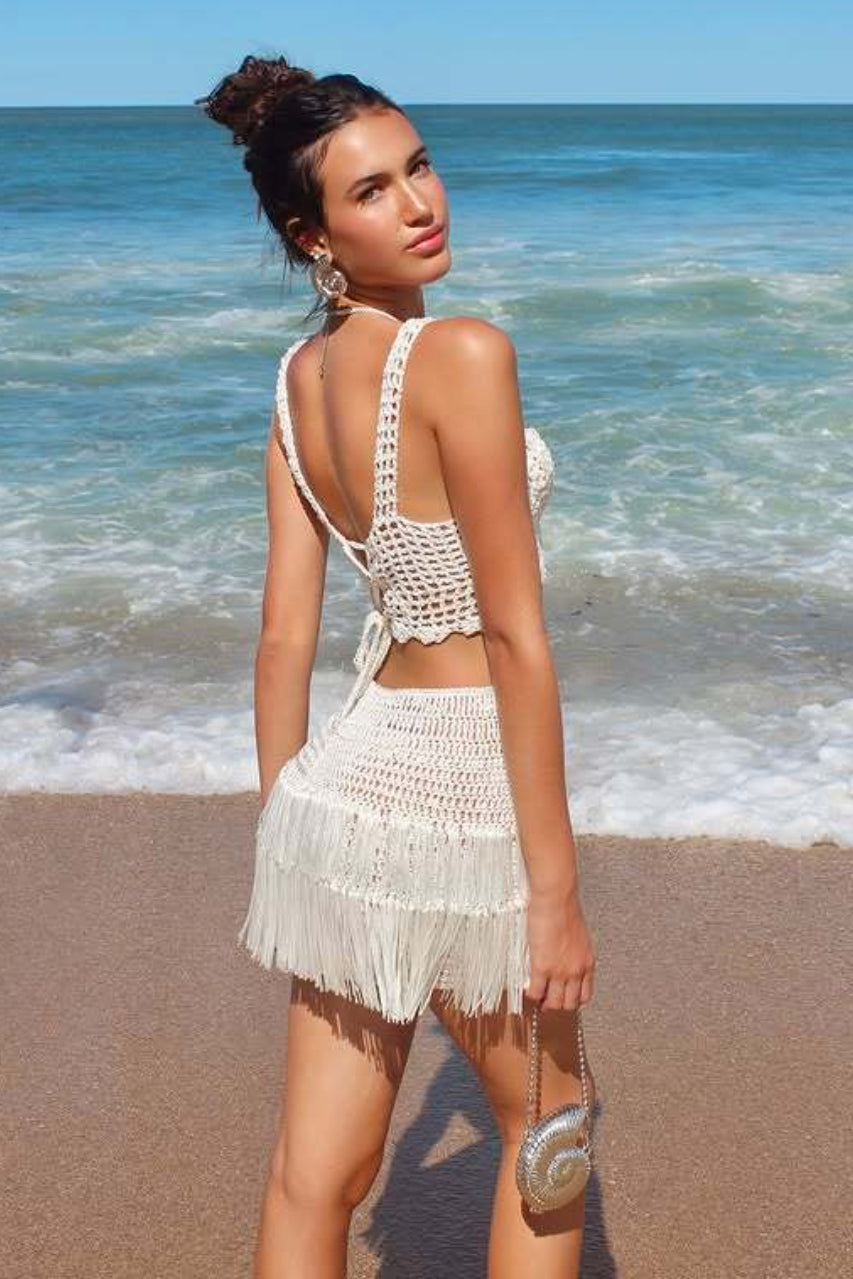 Crochet Fringe Halter Bikini Skirt Set