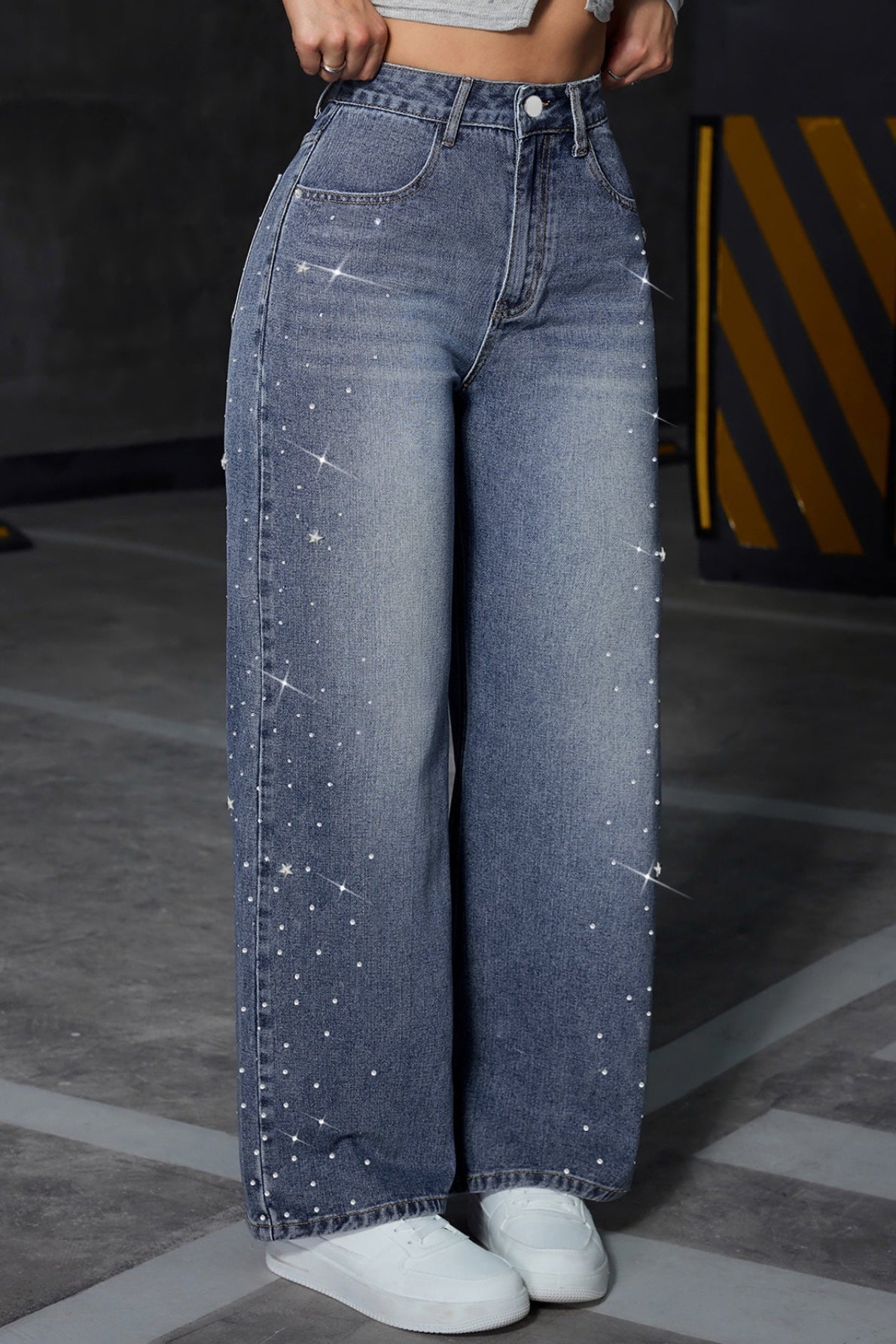 Rhinestone Washed Blue Jeans