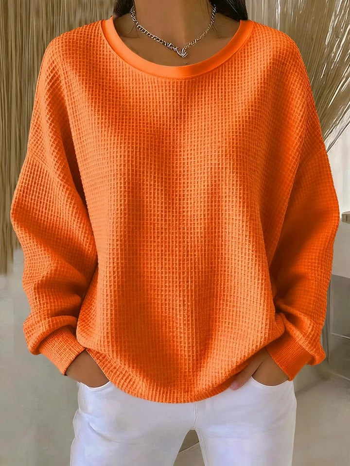 Round Neck Waffle Knit Long Sleeve Drop Shoulder Sweater 3