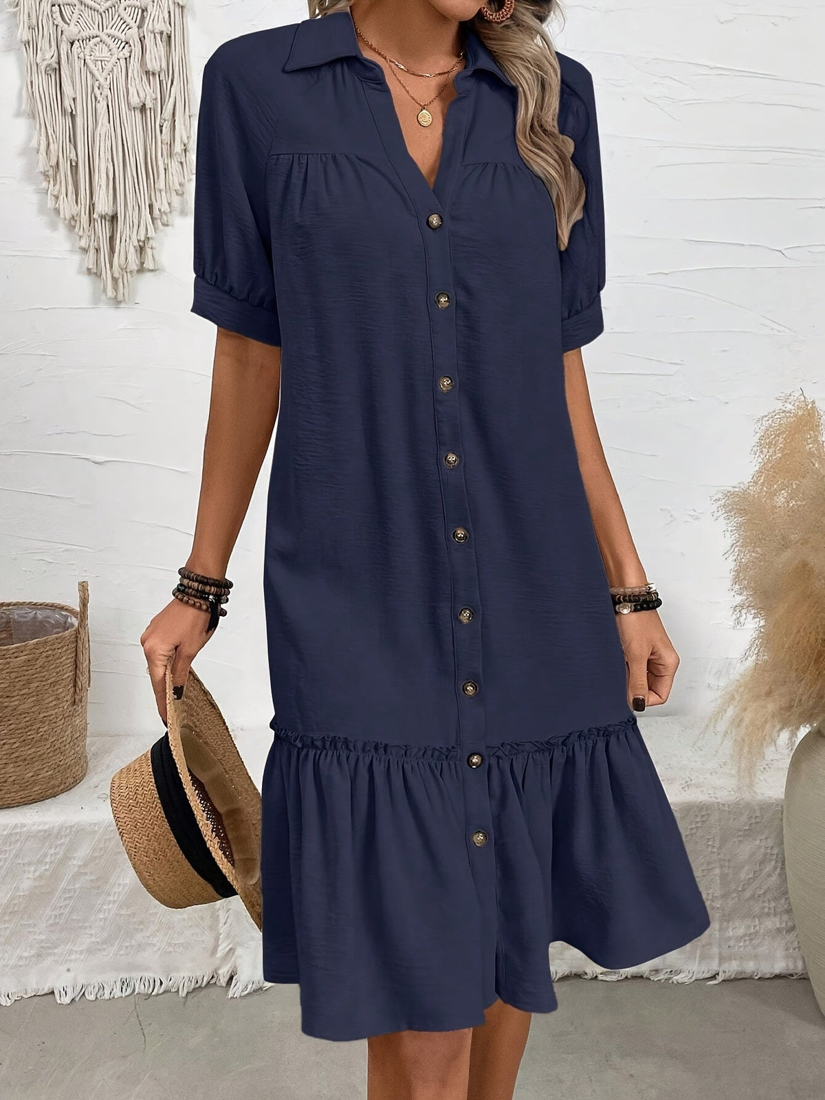 Collared Button Front Short Sleeve Ruffle Hem Shift Mini Dress 7