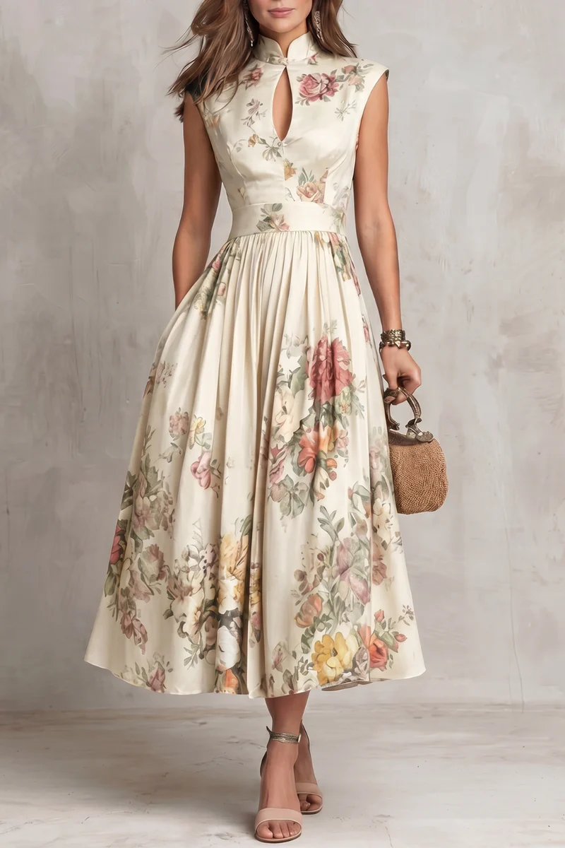 Mandarin Collar Keyhole Floral Pleated A-Line Midi Dress 5