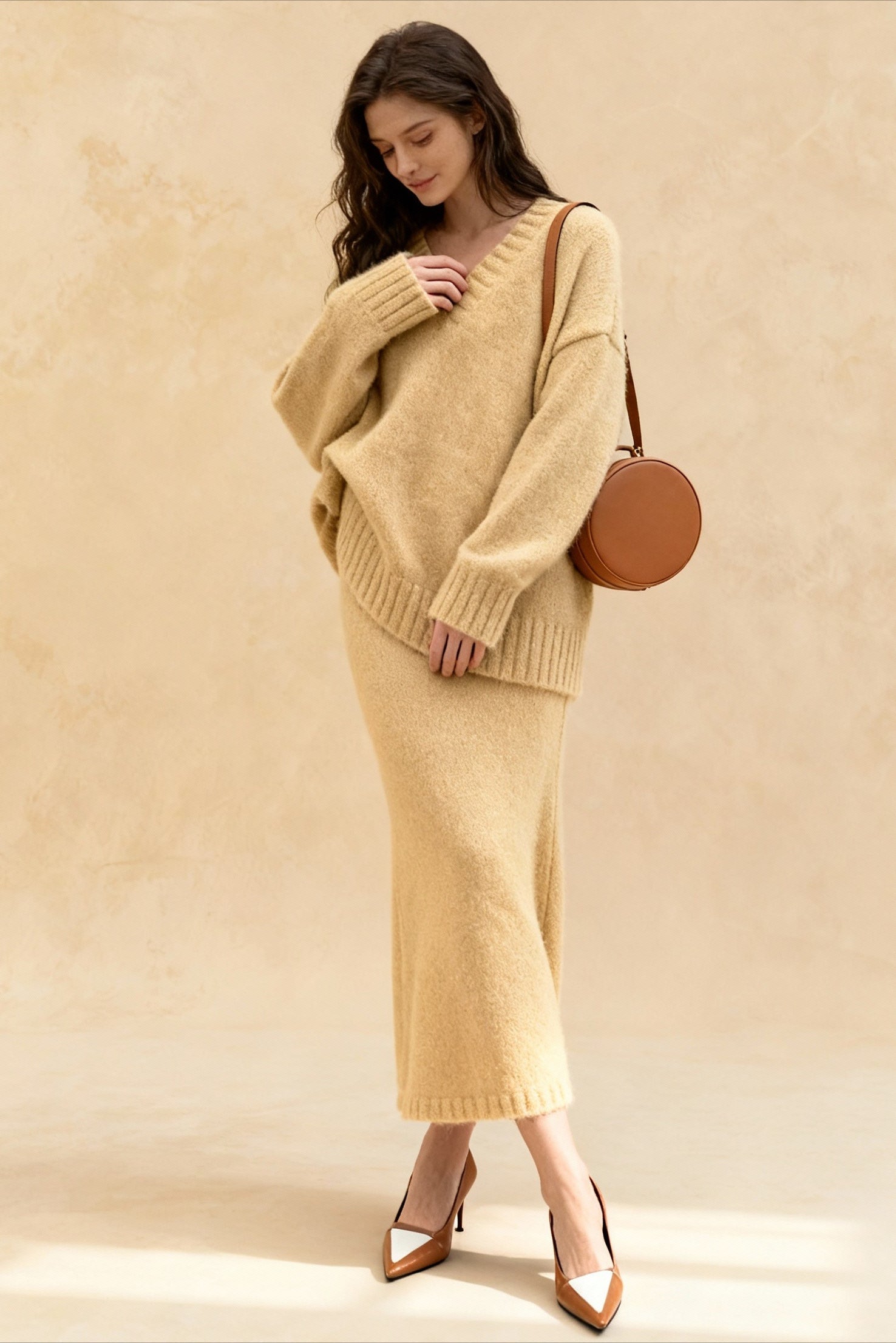Lazy Vneck Knit Sweater Mermaid Skirt Two Piece Set