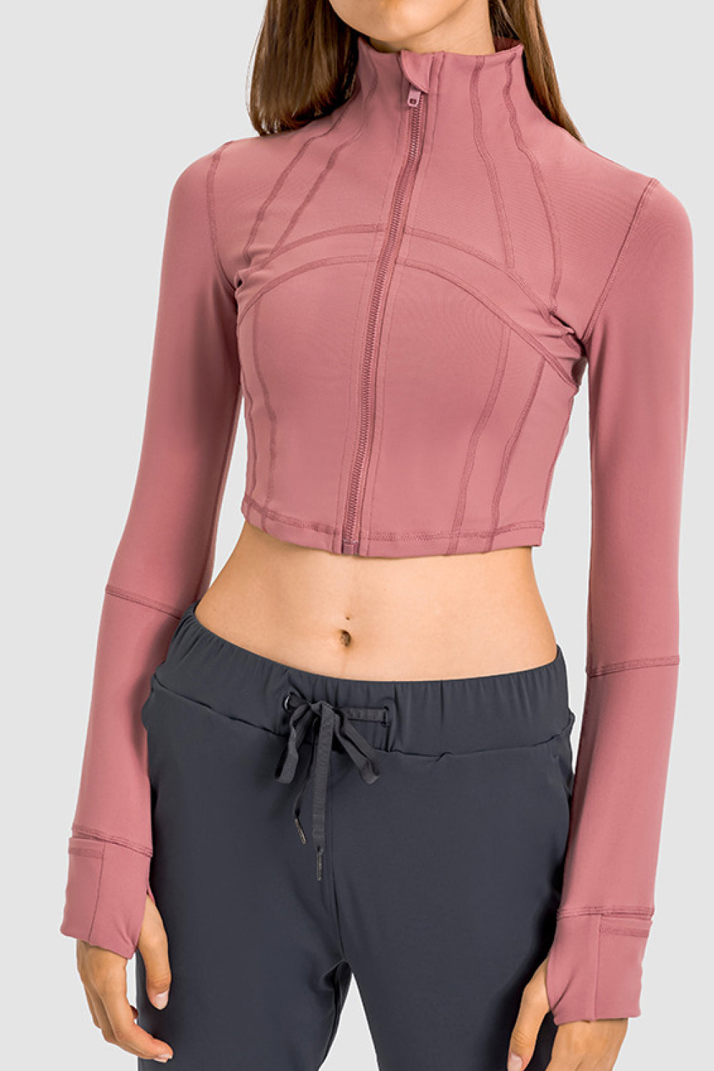 Stand Collar Zip Front Seam Detail Cropped Sports Jacket
