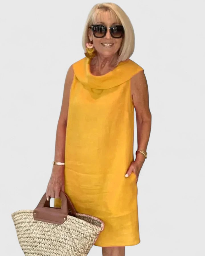 Cowl Neck Sleeveless Linen Shift Midi Dress