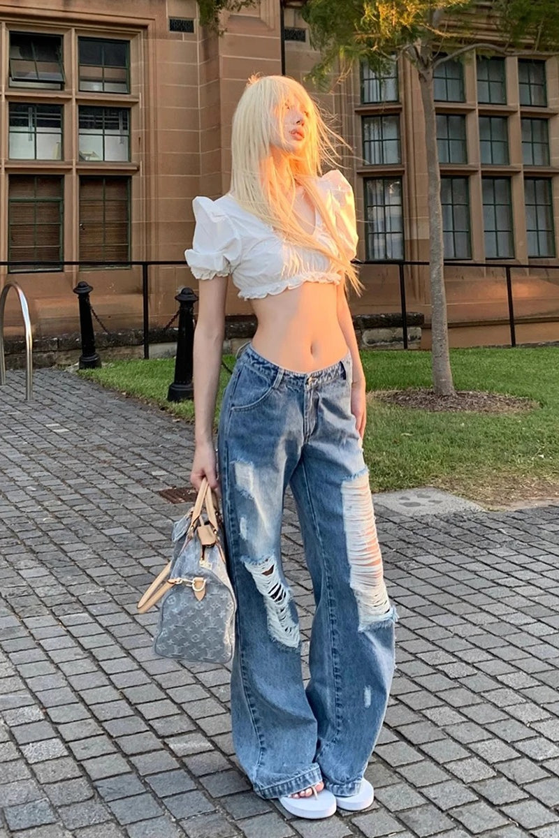 Street Style Ripped Loose Fit WideLeg Jeans