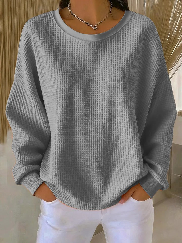 Round Neck Waffle Knit Long Sleeve Drop Shoulder Sweater 8