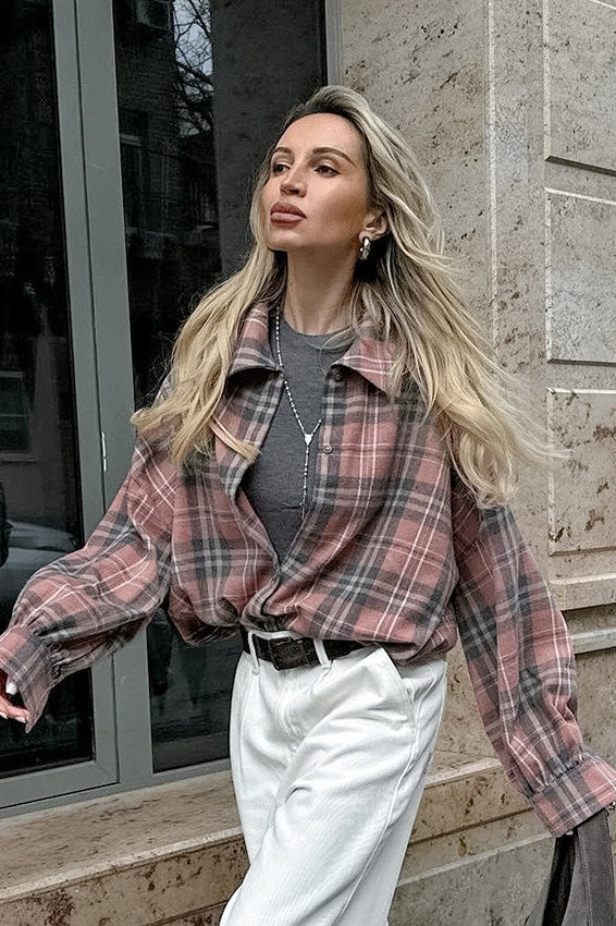 Plaid Loose Fit Cotton Blend Blouse