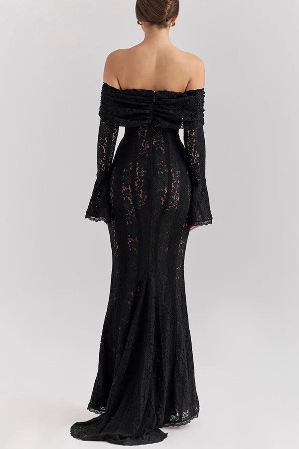 Leila Elevated Off Shoulder Floral Lace Flared Sleeve Fishtail Maxi Dress White Occasion Wear