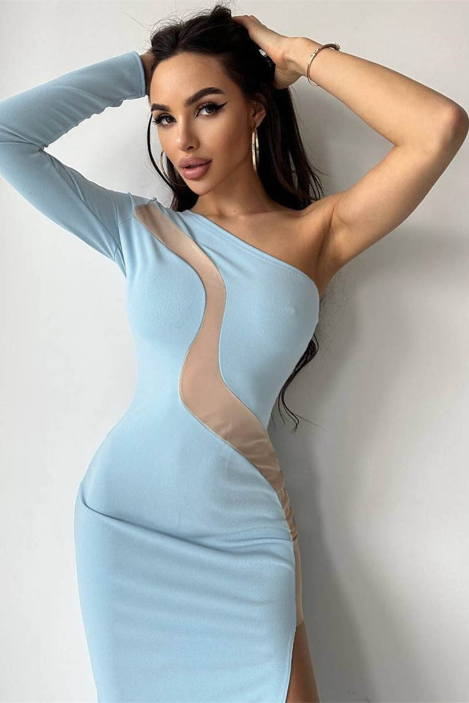 Asymmetrical One-Shoulder Mesh Midi Dress
