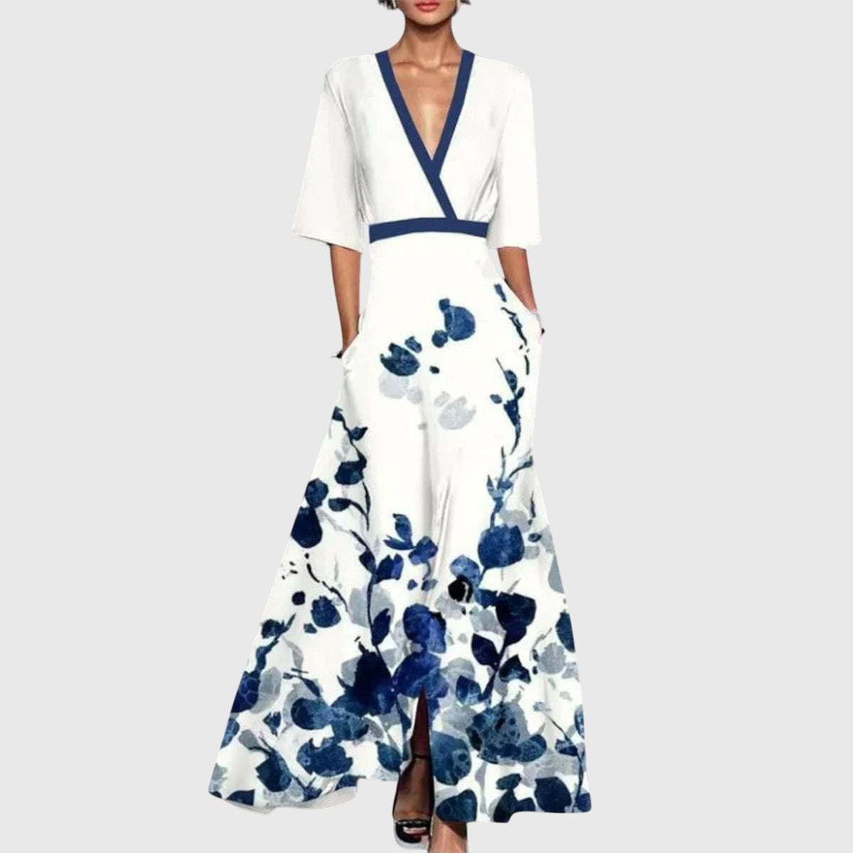 Wrap V-Neck Abstract Floral Satin Belted A-Line Maxi Dress 2