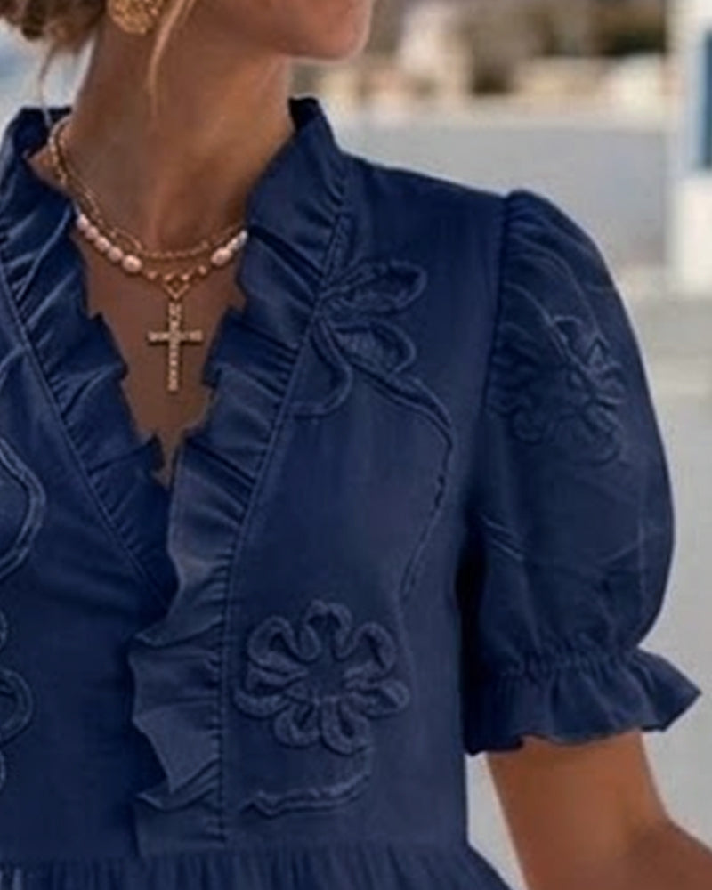 Ruffle V-Neck Floral Embroidered Puff Sleeve Tiered Mini Dress 14