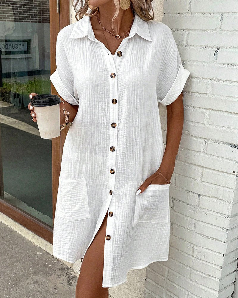 Collared Button Front Short Sleeve Textured Pocket Shirt Mini Dress 6