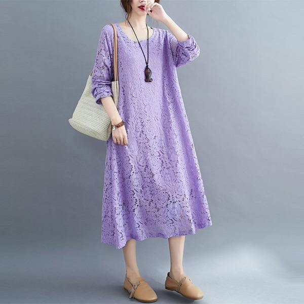 Plus Size O-neck Solid Color Dress Women Casual Lace Dress
