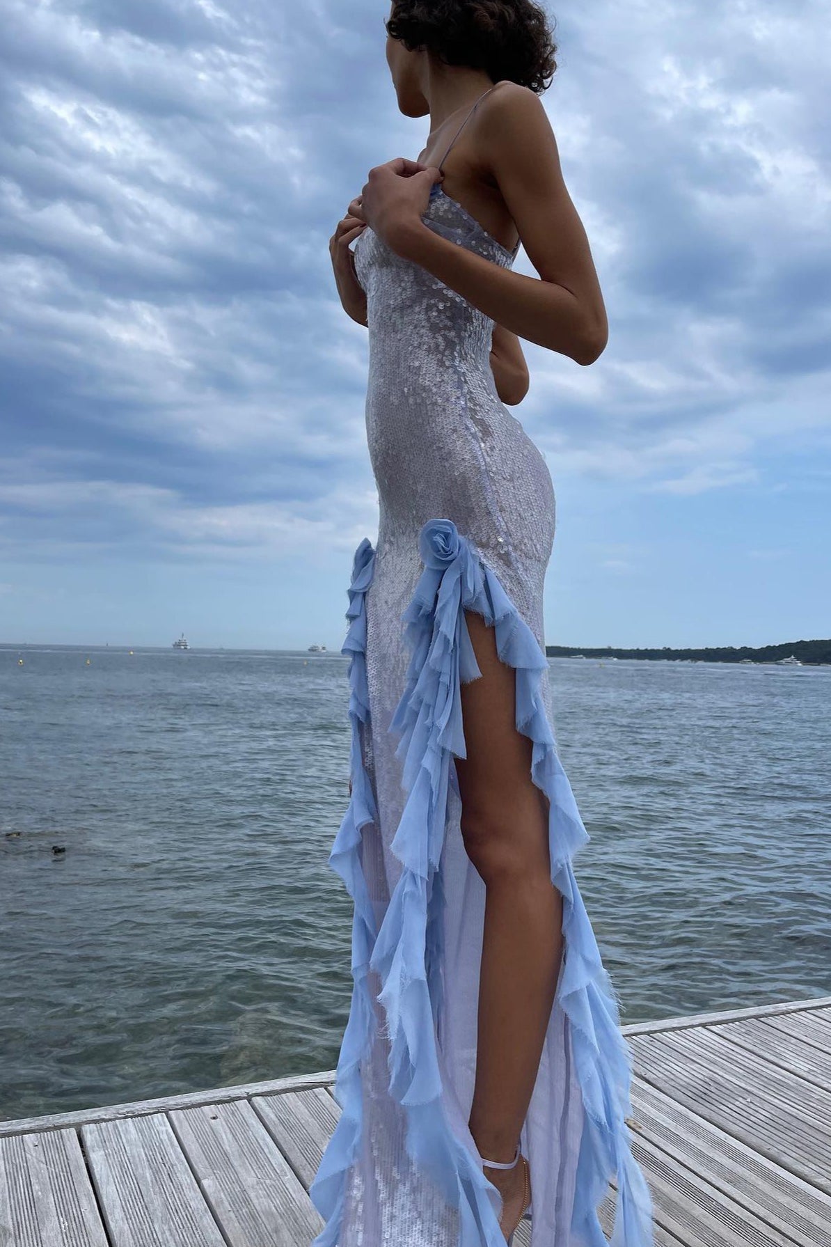 Sheer Sequin Ruffle 3D Floral Fringe Slip Dress