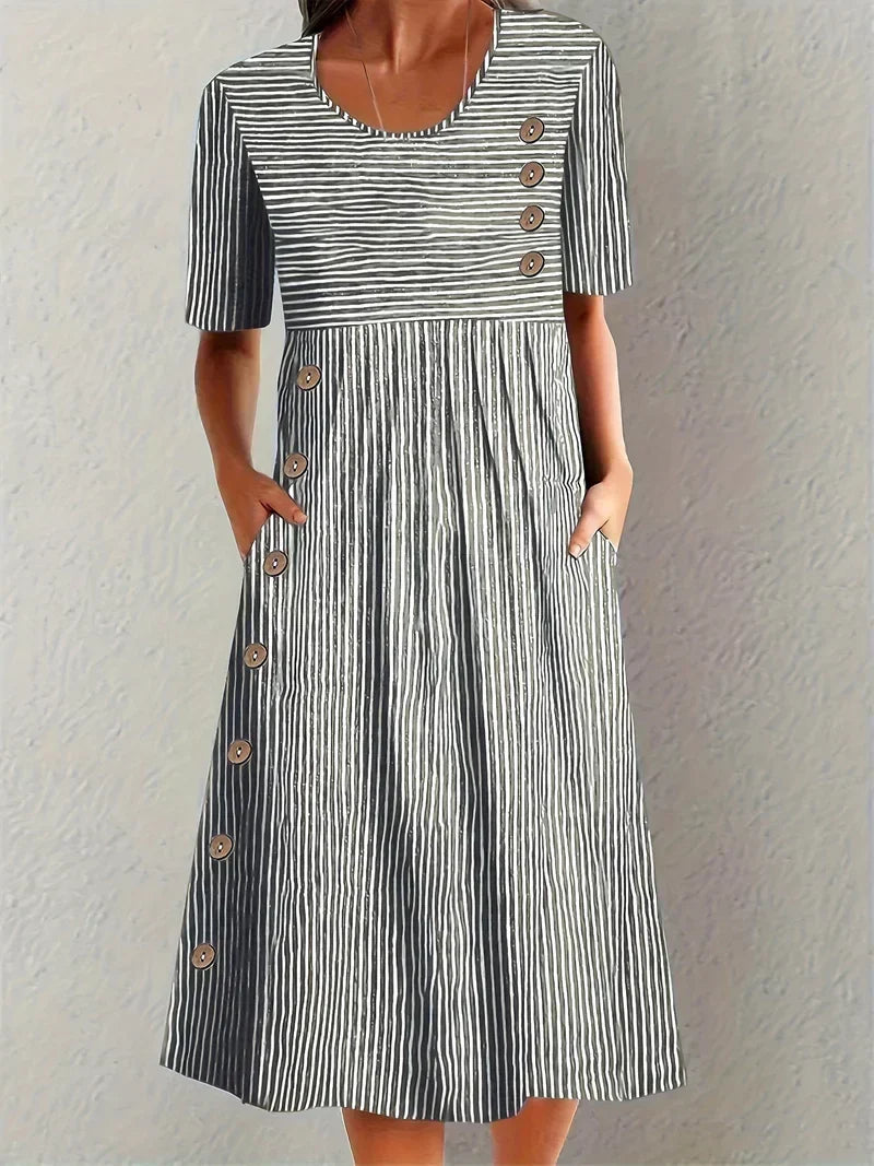 Round Neck Striped Button-Front Short Sleeve Pleated Midi Dress 2