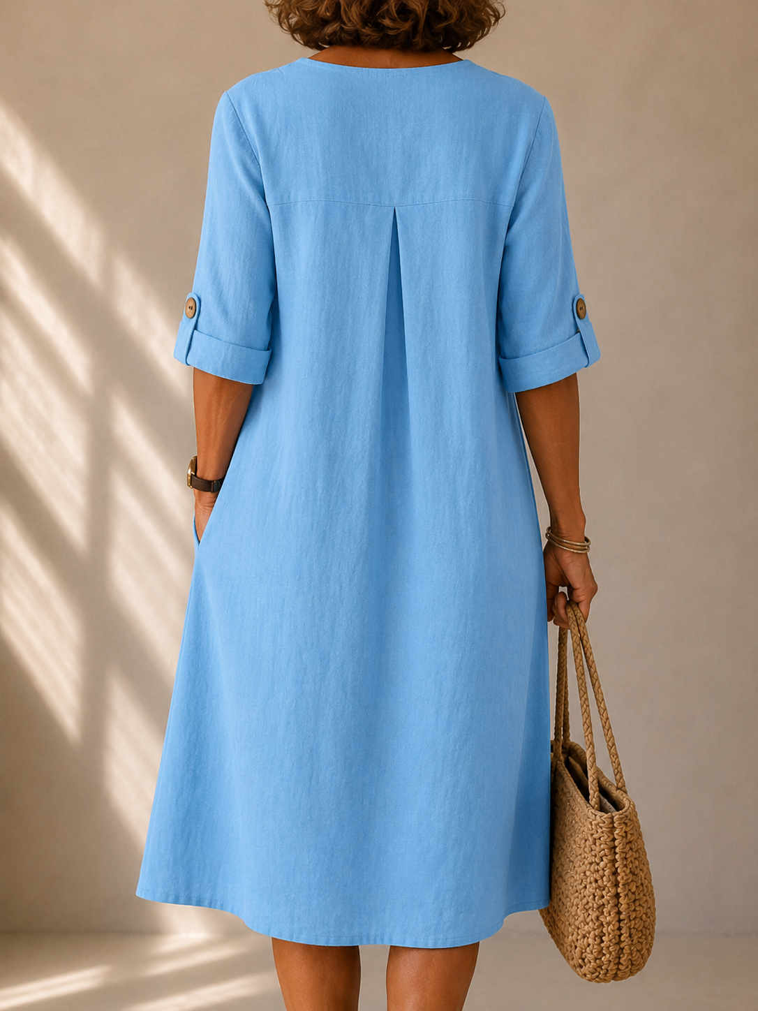V-Neck Roll Tab Sleeve Button Linen Pocket Shift Midi Dress 2